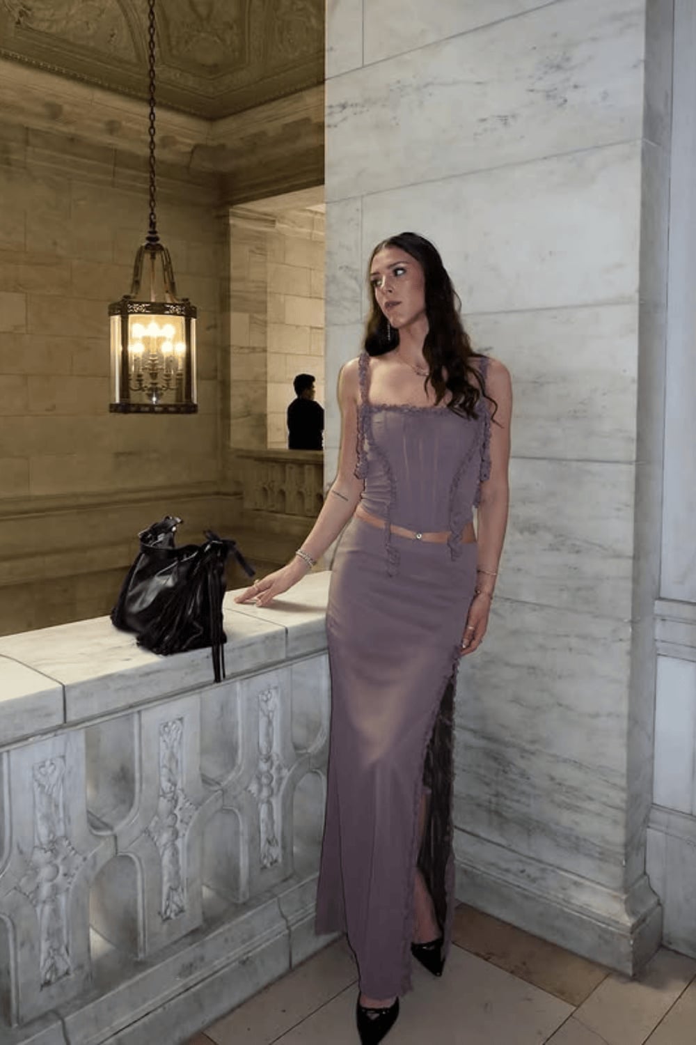 Lilac corset top and maxi skirt for evening, Office-Safe Version Lilac corset top and maxi skirt for evening, Office-Safe Version — Spring Break Night Outfits 2027