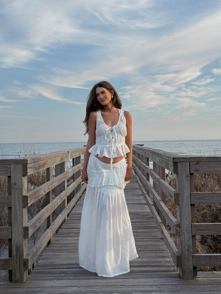 White gauzy cotton tie-front crop top and maxi skirt set White gauzy cotton tie-front crop top and maxi skirt set — Spring Break Night Outfits 2027