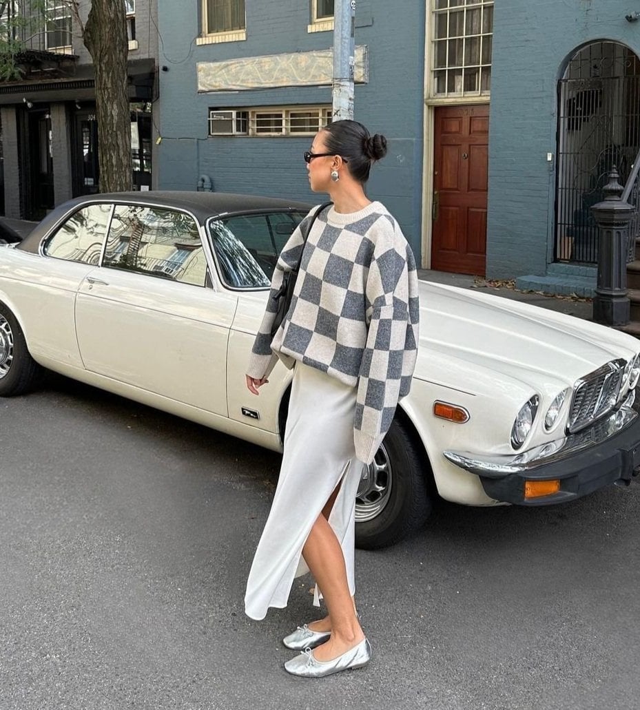 Silver ballet flats with satin slip dress and checkered sweater Silver ballet flats with satin slip dress and checkered sweater — Spring Outfits 2027 with Ballet Flats