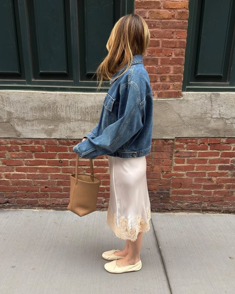 Cream ballet flats with slip dress and denim jacket Cream ballet flats with slip dress and denim jacket — Spring Outfits 2027 with Ballet Flats