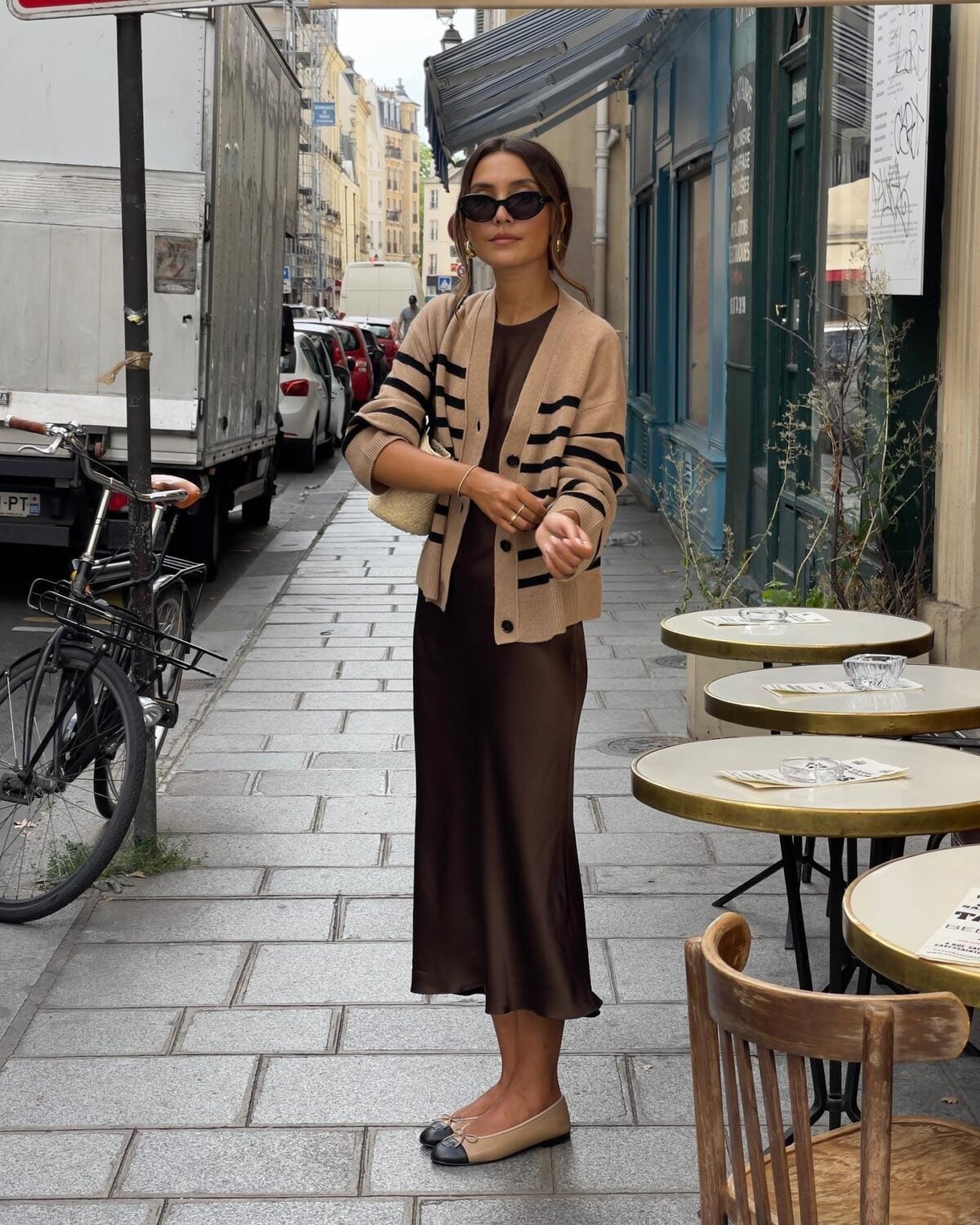 Beige and black cap-toe flats with slip dress and cardigan Beige and black cap-toe flats with slip dress and cardigan — Spring Outfits 2027 with Ballet Flats