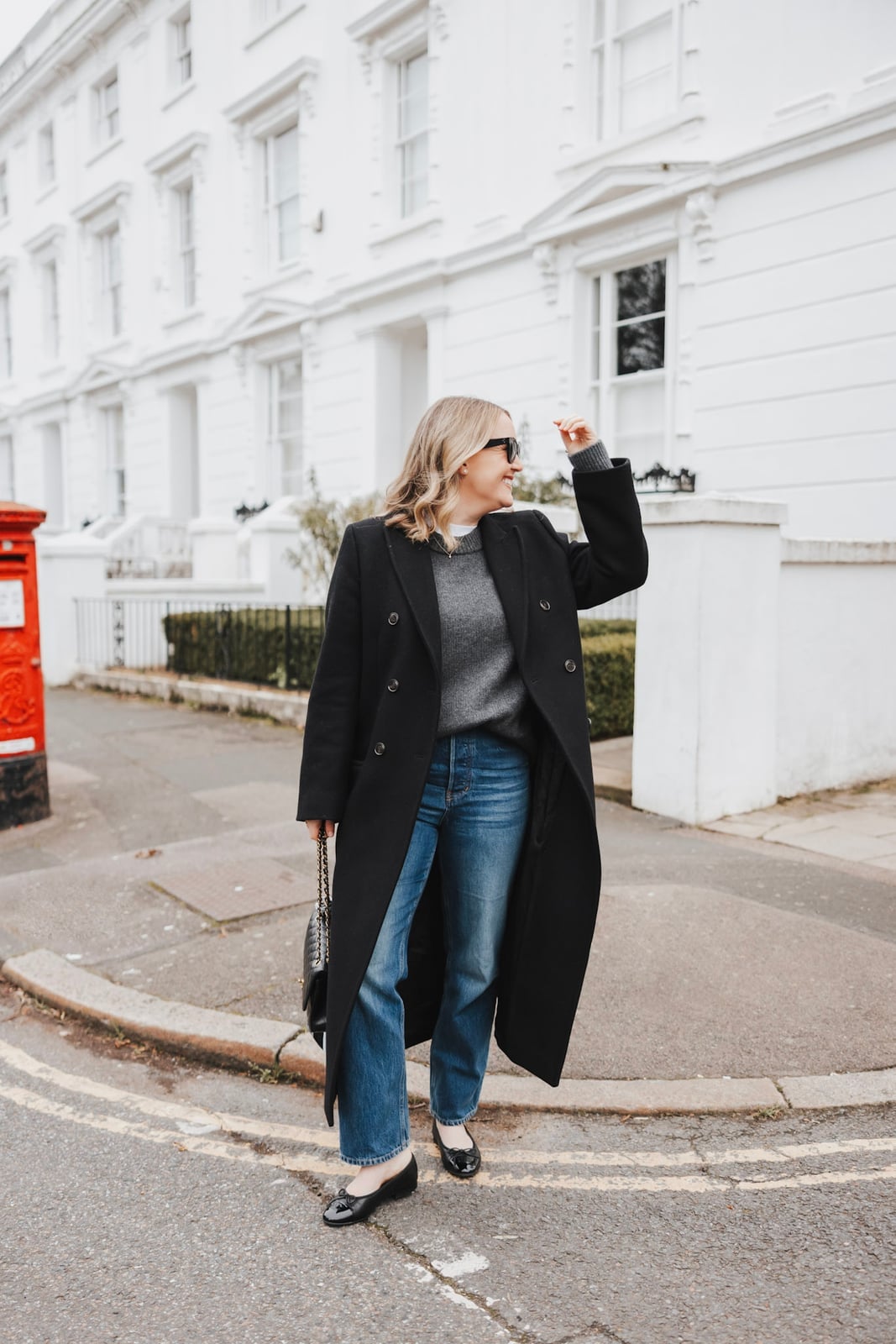 Black embellished flats with straight jeans and wool coat Black embellished flats with straight jeans and wool coat — Spring Outfits 2027 with Ballet Flats