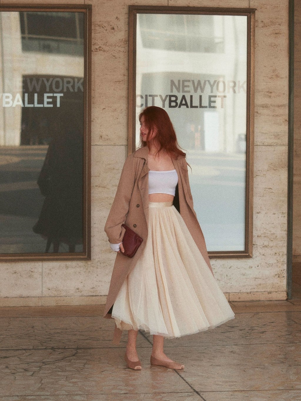 Tan ballet flats with tulle skirt and trench coat Tan ballet flats with tulle skirt and trench coat — Spring Outfits 2027 with Ballet Flats