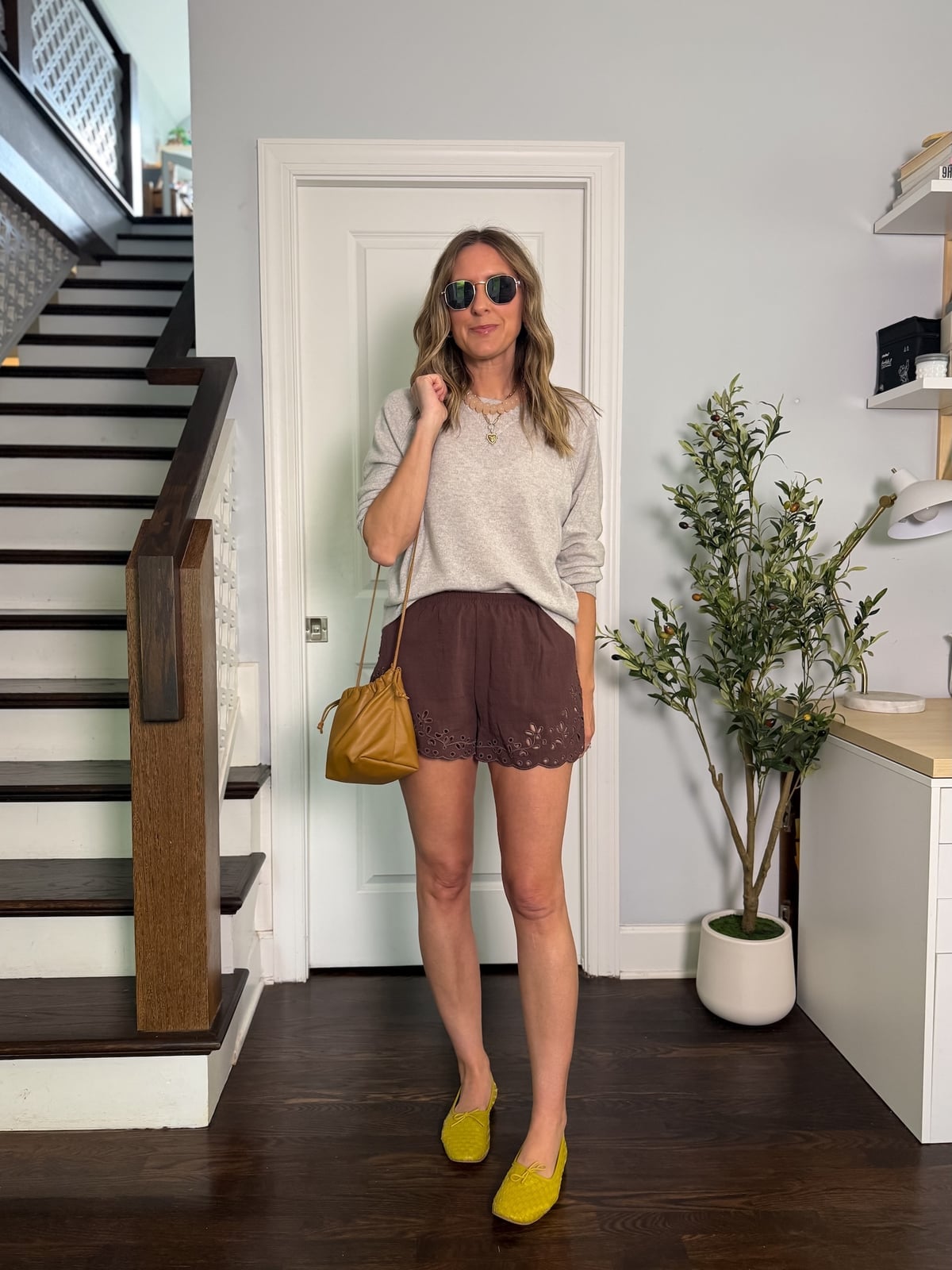 Yellow ballet flats with sweater and broderie anglaise shorts Yellow ballet flats with sweater and broderie anglaise shorts — Spring Outfits 2027 with Ballet Flats