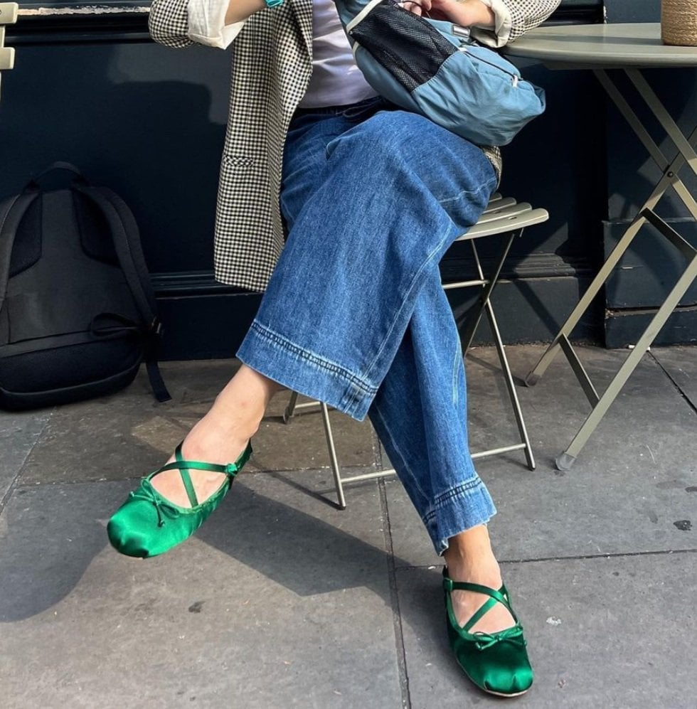 Emerald green satin flats with wide-leg jeans and checkered blazer Emerald green satin flats with wide-leg jeans and checkered blazer — Spring Outfits 2027 with Ballet Flats