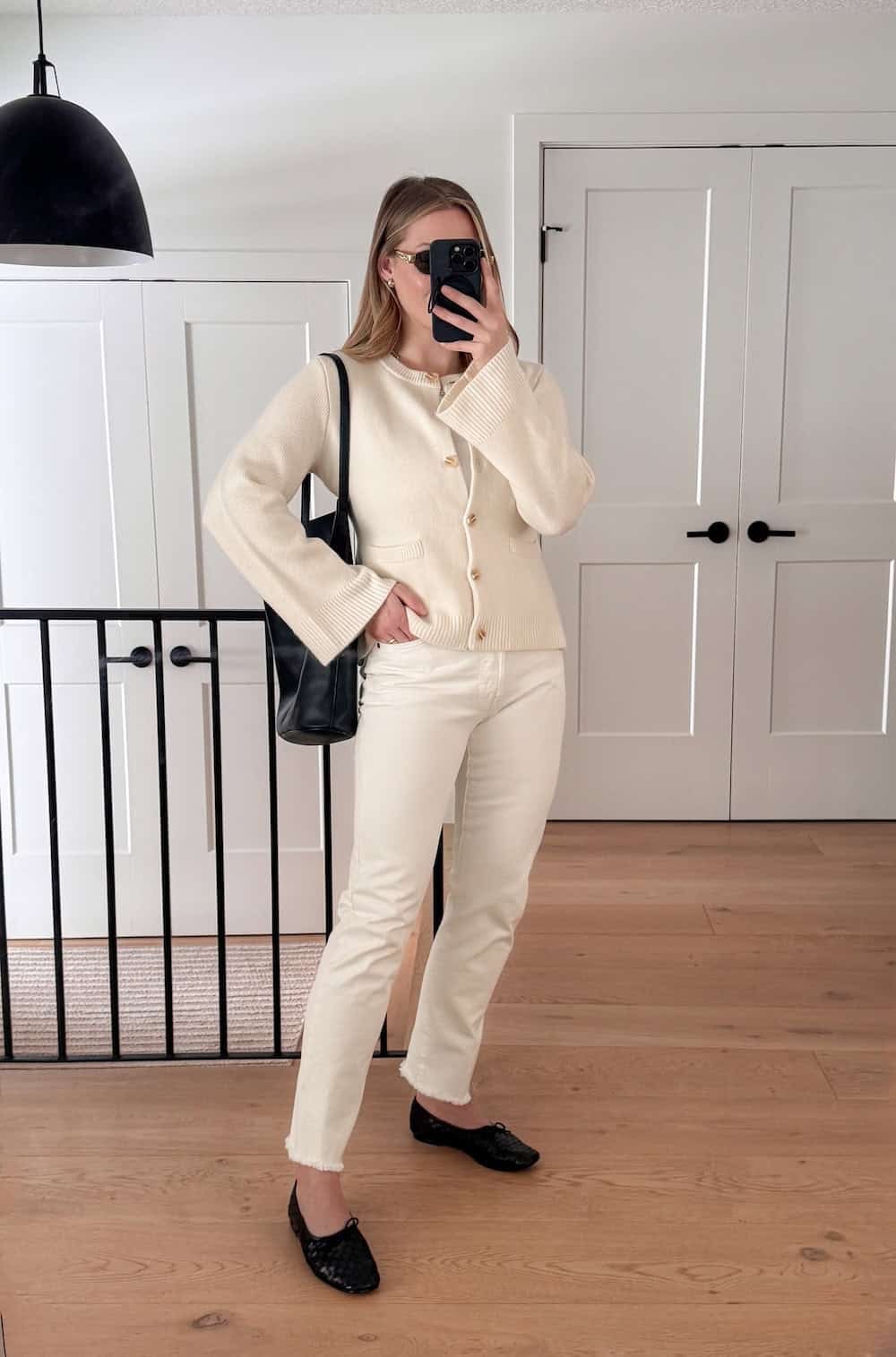 Black quilted ballet flats with cream cardigan and jeans Black quilted ballet flats with cream cardigan and jeans — Spring Outfits 2027 with Ballet Flats