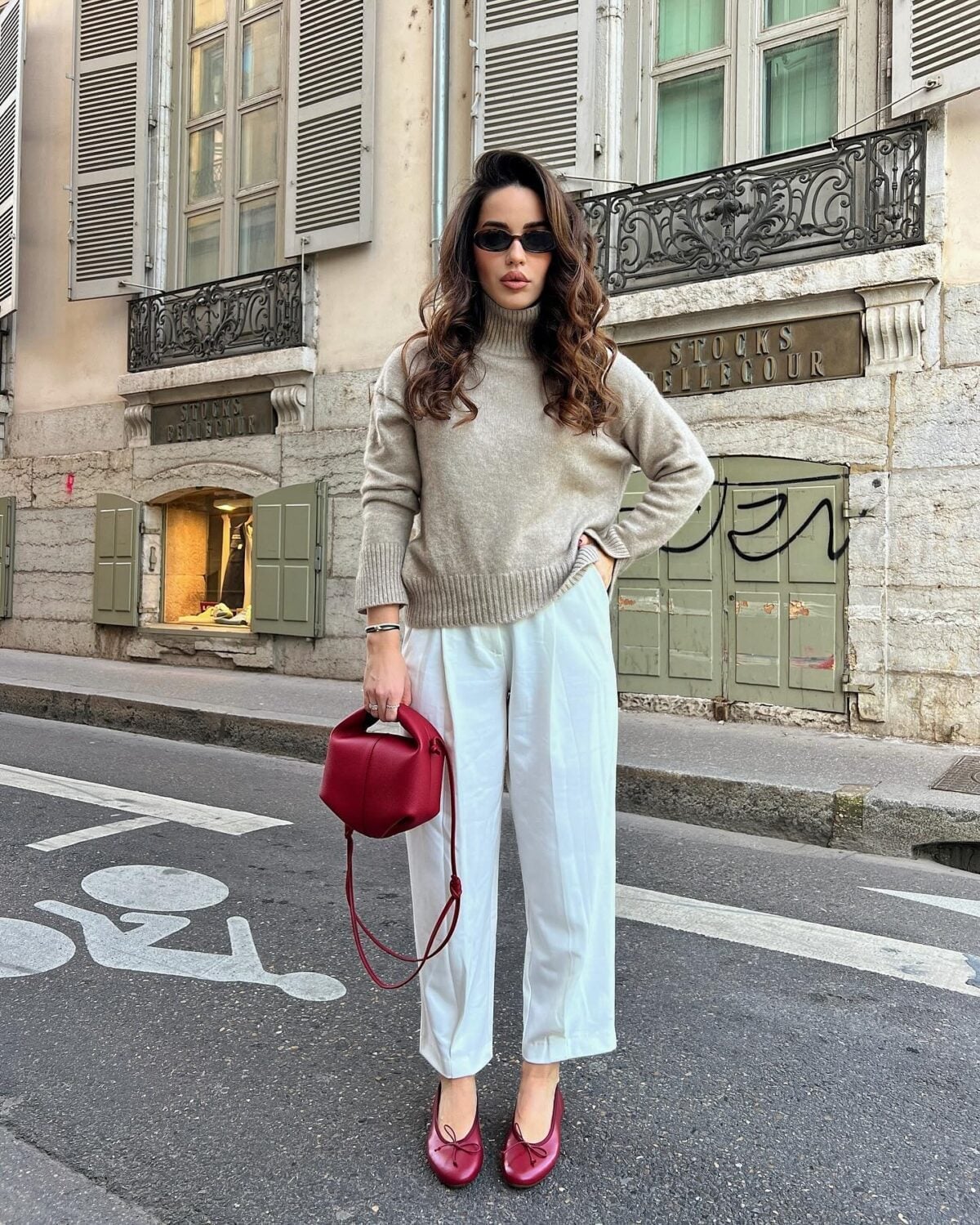 Red pointed-toe flats with beige turtleneck and white trousers Red pointed-toe flats with beige turtleneck and white trousers — Spring Outfits 2027 with Ballet Flats