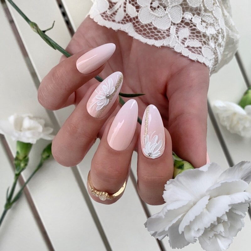 Pale Pink Floral Glitter Almond Nails Pale Pink Floral Glitter Almond Nails — Spring Wedding Nails 2027