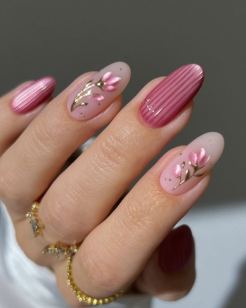 Pale Pink Gold Floral Ribbed Stripe Oval Nails Pale Pink Gold Floral Ribbed Stripe Oval Nails — Spring Wedding Nails 2027