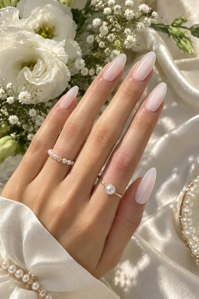 Long Milky White Shimmer Almond Nails Long Milky White Shimmer Almond Nails — Spring Wedding Nails 2027