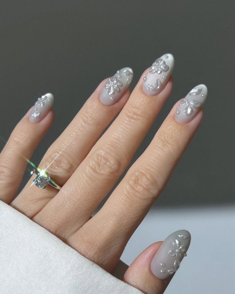 Matte Milky White 3D Floral Almond Nails Matte Milky White 3D Floral Almond Nails — Spring Wedding Nails 2027