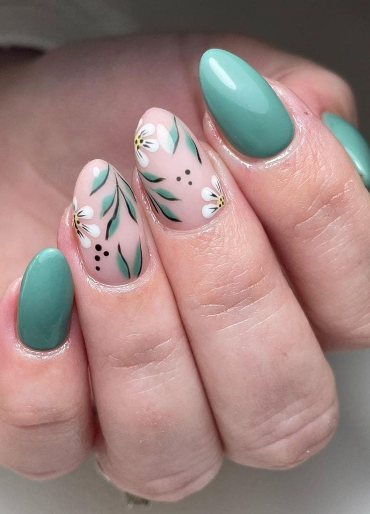 Teal Accent Floral Leaf Oval Nails Teal Accent Floral Leaf Oval Nails — Spring Wedding Nails 2027