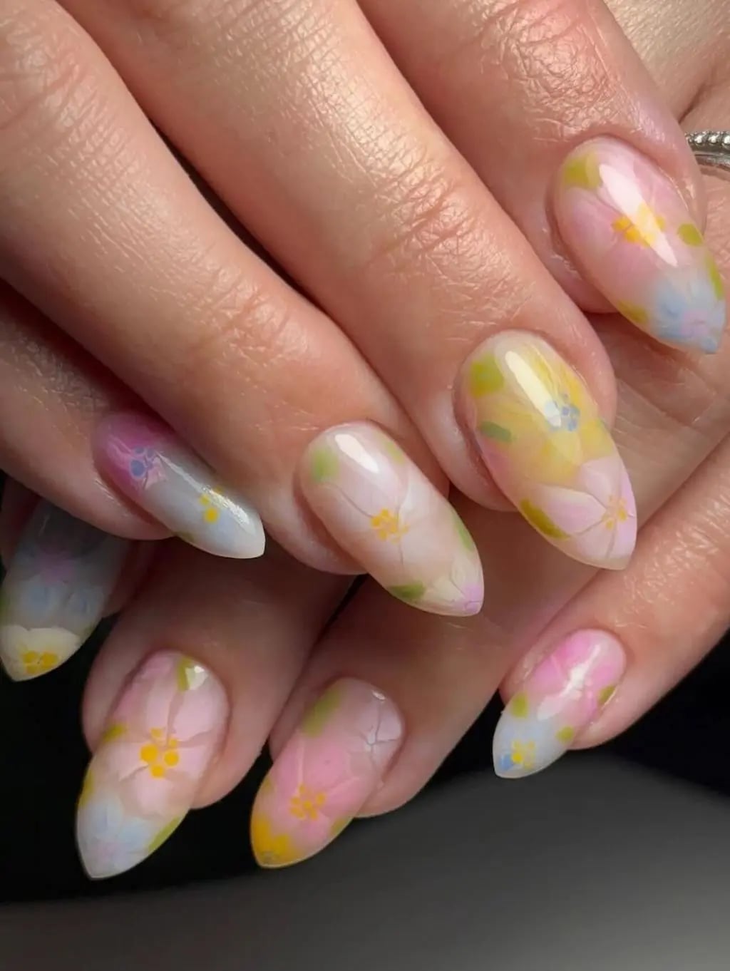 Watercolor Floral Almond Medium Nails Watercolor Floral Almond Medium Nails — Spring Wedding Nails 2027