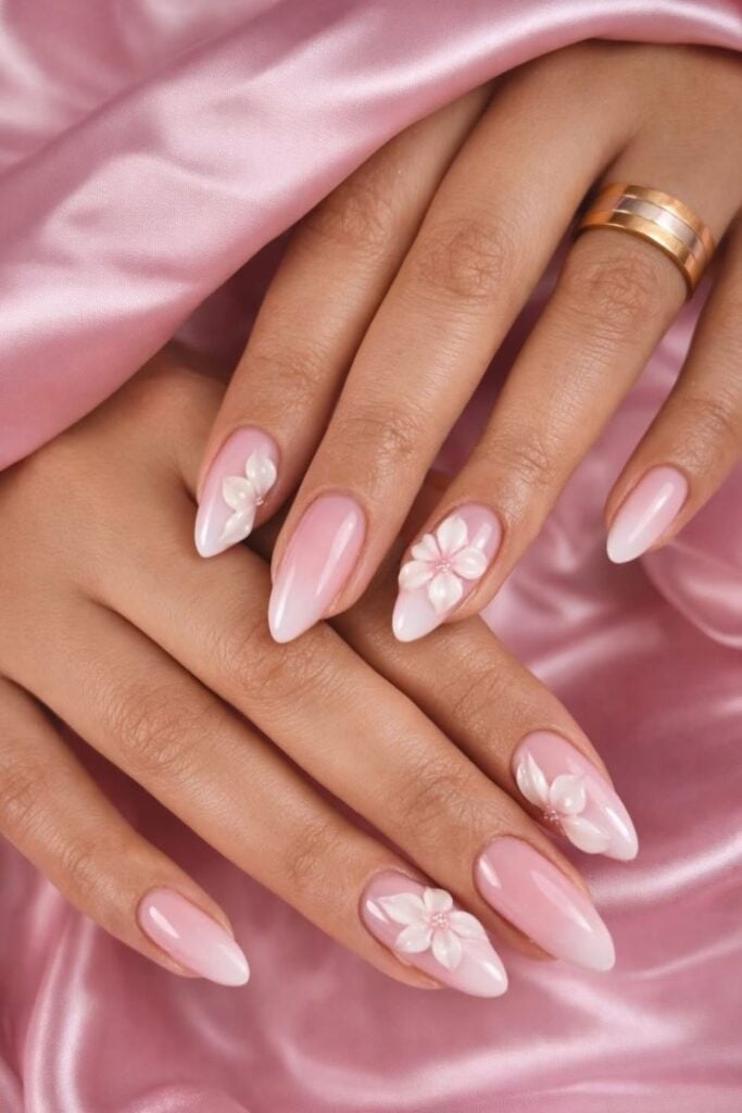Soft Pink Ombre Almond Nails with 3D Flowers Soft Pink Ombre Almond Nails with 3D Flowers — Spring Wedding Nails 2027