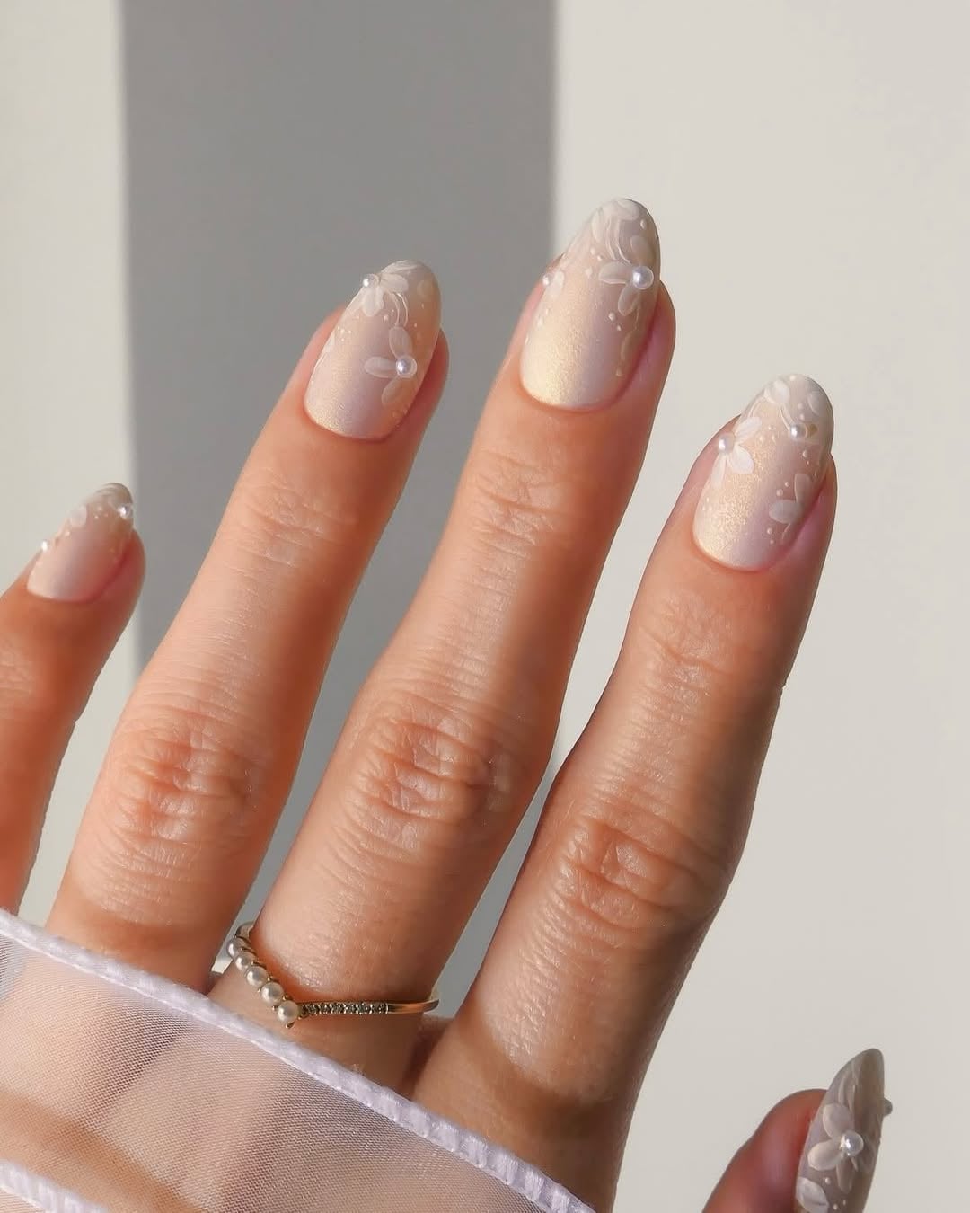 Pale Gold Shimmer Oval Nails Floral Pearls Pale Gold Shimmer Oval Nails Floral Pearls — Spring Wedding Nails 2027