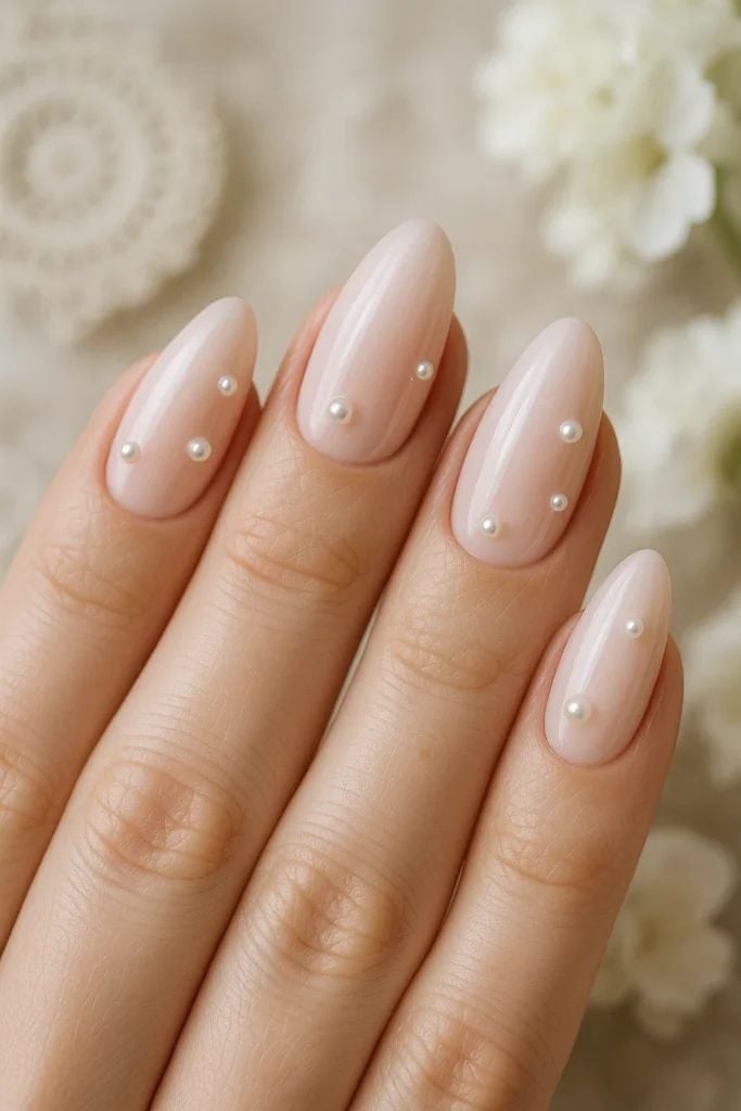 Scattered Pearl Sheer Pale Pink Almond Nails Scattered Pearl Sheer Pale Pink Almond Nails — Spring Wedding Nails 2027