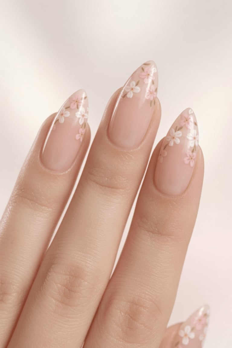 Dainty Floral Art Sheer Nude Almond Nails Dainty Floral Art Sheer Nude Almond Nails — Spring Wedding Nails 2027