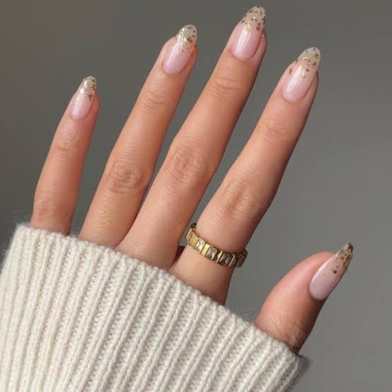 Gold Foil Sheer Nude Almond Nails Gold Foil Sheer Nude Almond Nails — Spring Wedding Nails 2027