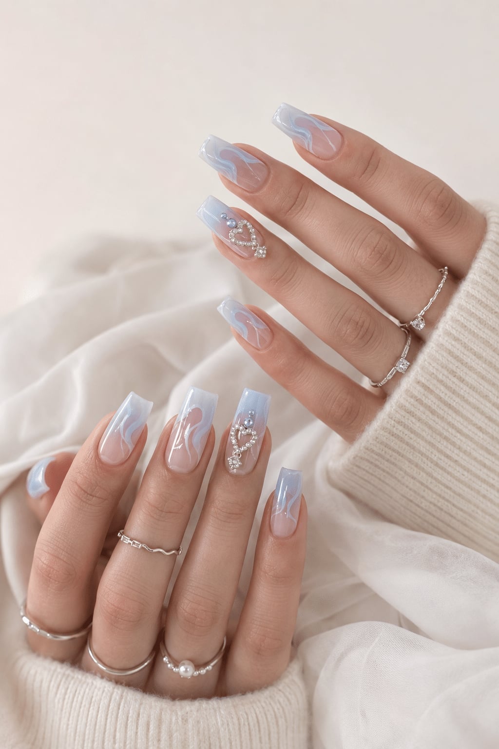 Long Square Nude Light Blue Flame Art Rhinestone Nails Long Square Nude Light Blue Flame Art Rhinestone Nails — Square Nails 2027 for Long Fingers