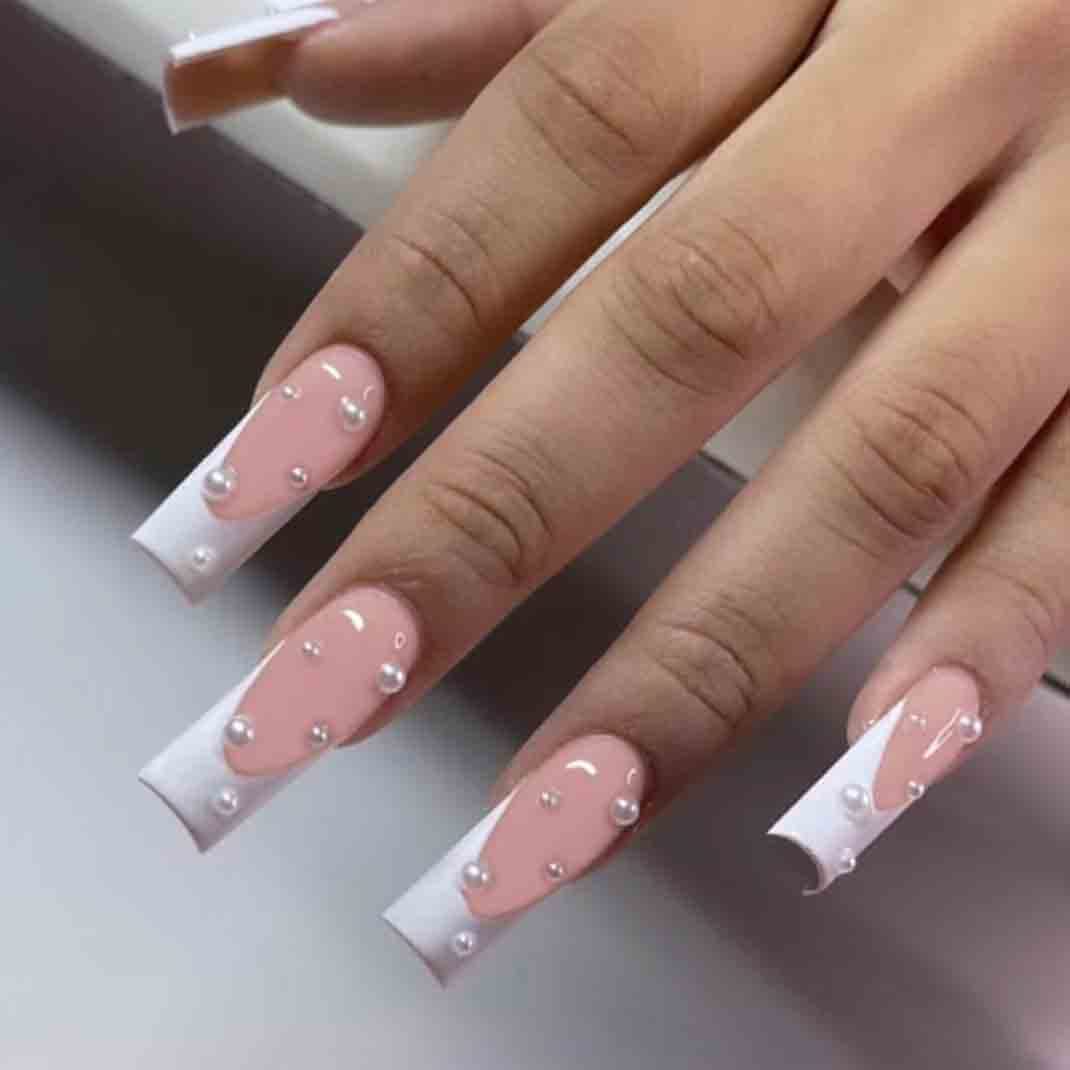 Extra Long Square Pink Pearl French Tip Nails Extra Long Square Pink Pearl French Tip Nails — Square Nails 2027 for Long Fingers