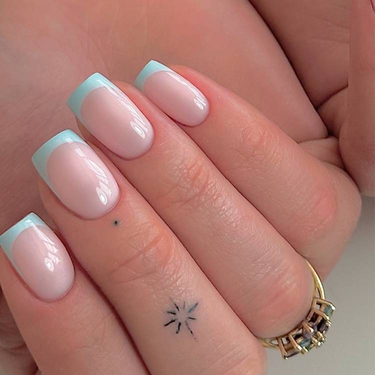 Medium Square Pink Light Blue French Tip Nails Medium Square Pink Light Blue French Tip Nails — Square Nails 2027 for Long Fingers