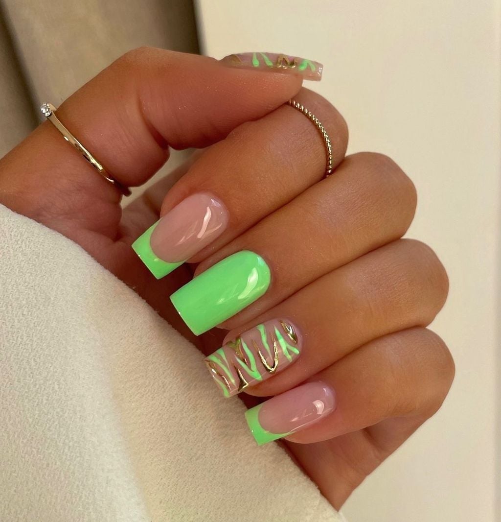 Medium Square Neon Green French Tip Gold Swirl Nails Medium Square Neon Green French Tip Gold Swirl Nails — Square Nails 2027 for Long Fingers