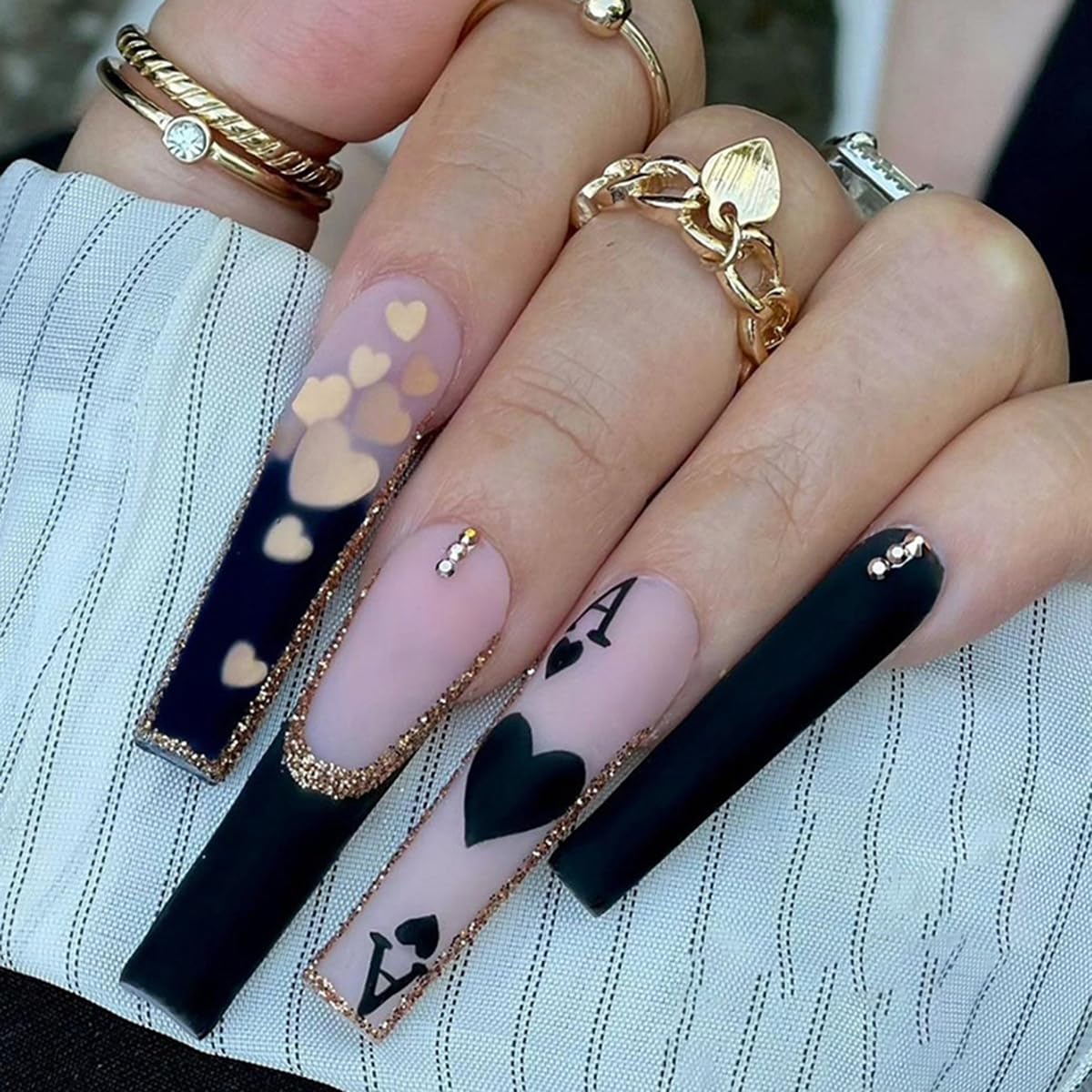 Long Square Black Pink Gold Heart Ace of Spades Nails Long Square Black Pink Gold Heart Ace of Spades Nails — Square Nails 2027 for Long Fingers