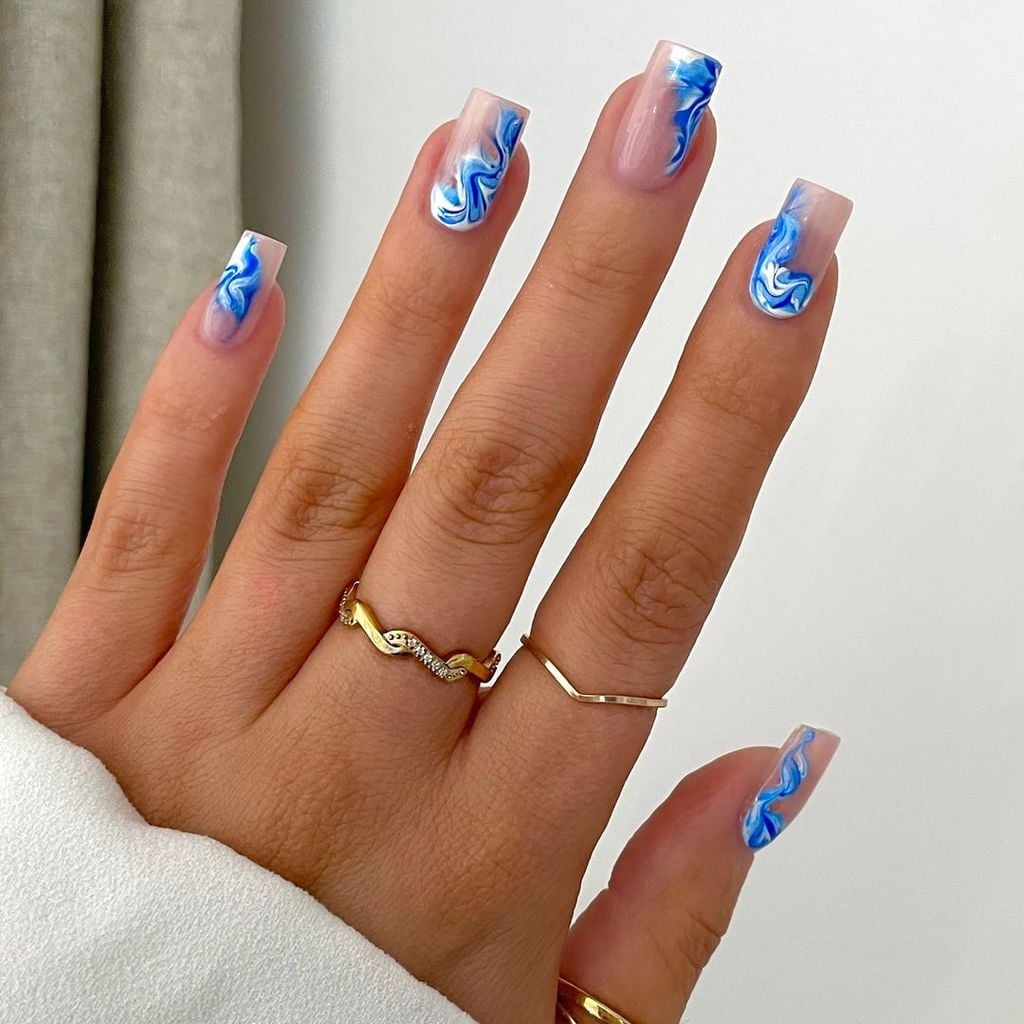 Medium Square Blue White Marbled Swirl Nails Medium Square Blue White Marbled Swirl Nails — Square Nails 2027 for Long Fingers