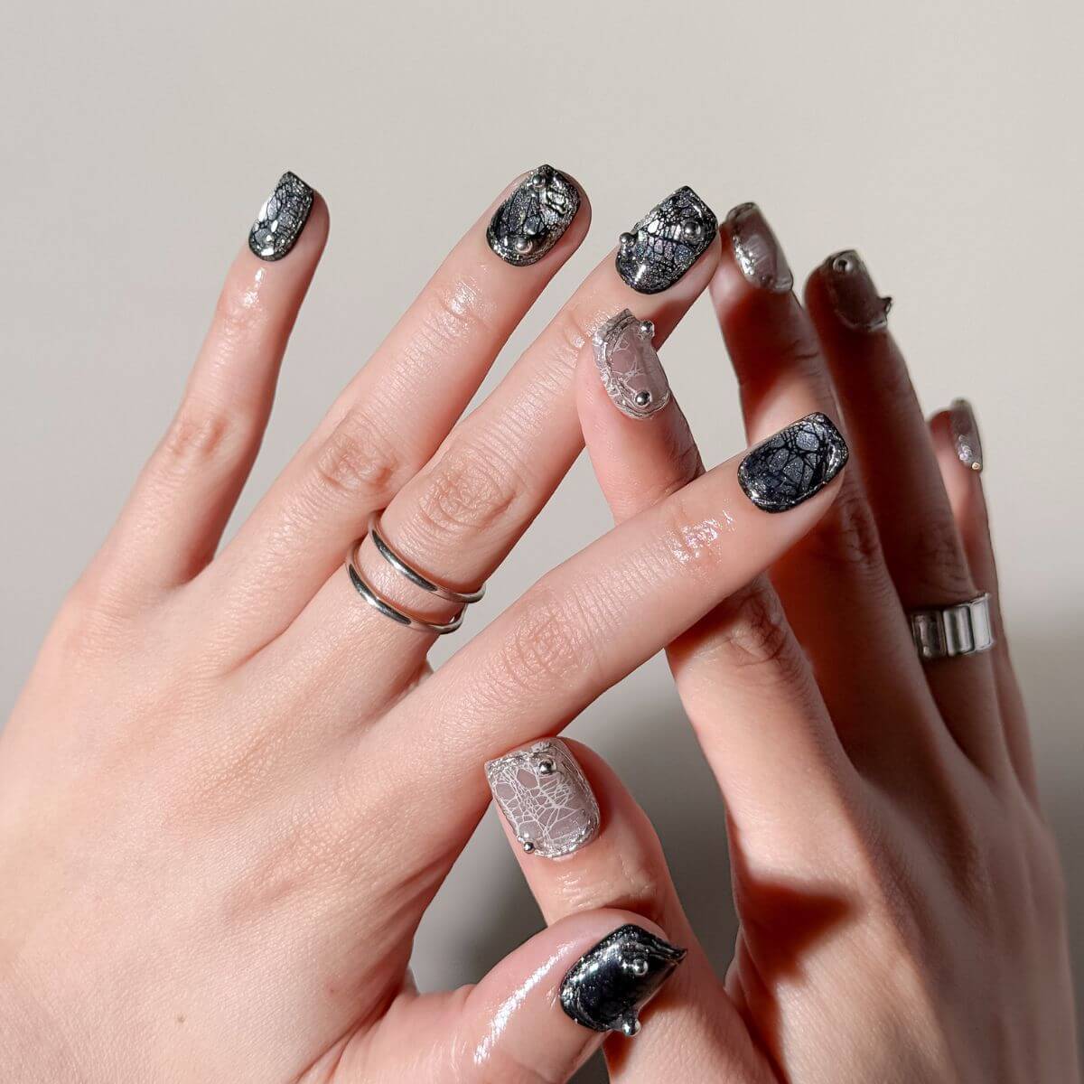 Medium Square Chrome Black Web Lace Stud Nails Medium Square Chrome Black Web Lace Stud Nails — Square Nails 2027 for Long Fingers