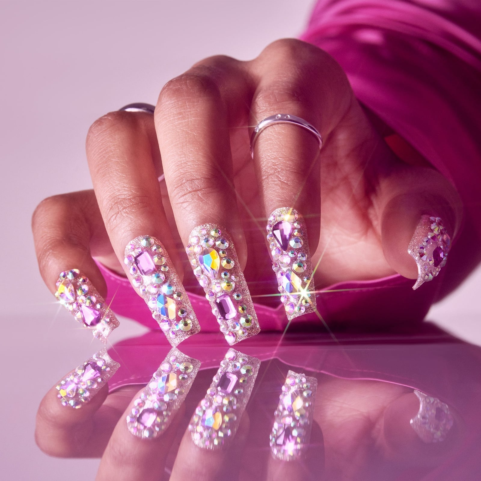 Long Square Pink Iridescent Full Rhinestone Nails Long Square Pink Iridescent Full Rhinestone Nails — Square Nails 2027 for Long Fingers