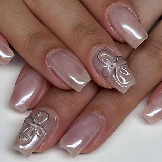 Long Square Milky Pink Shimmer Bow Accent Nails Long Square Milky Pink Shimmer Bow Accent Nails — Square Nails 2027 for Long Fingers