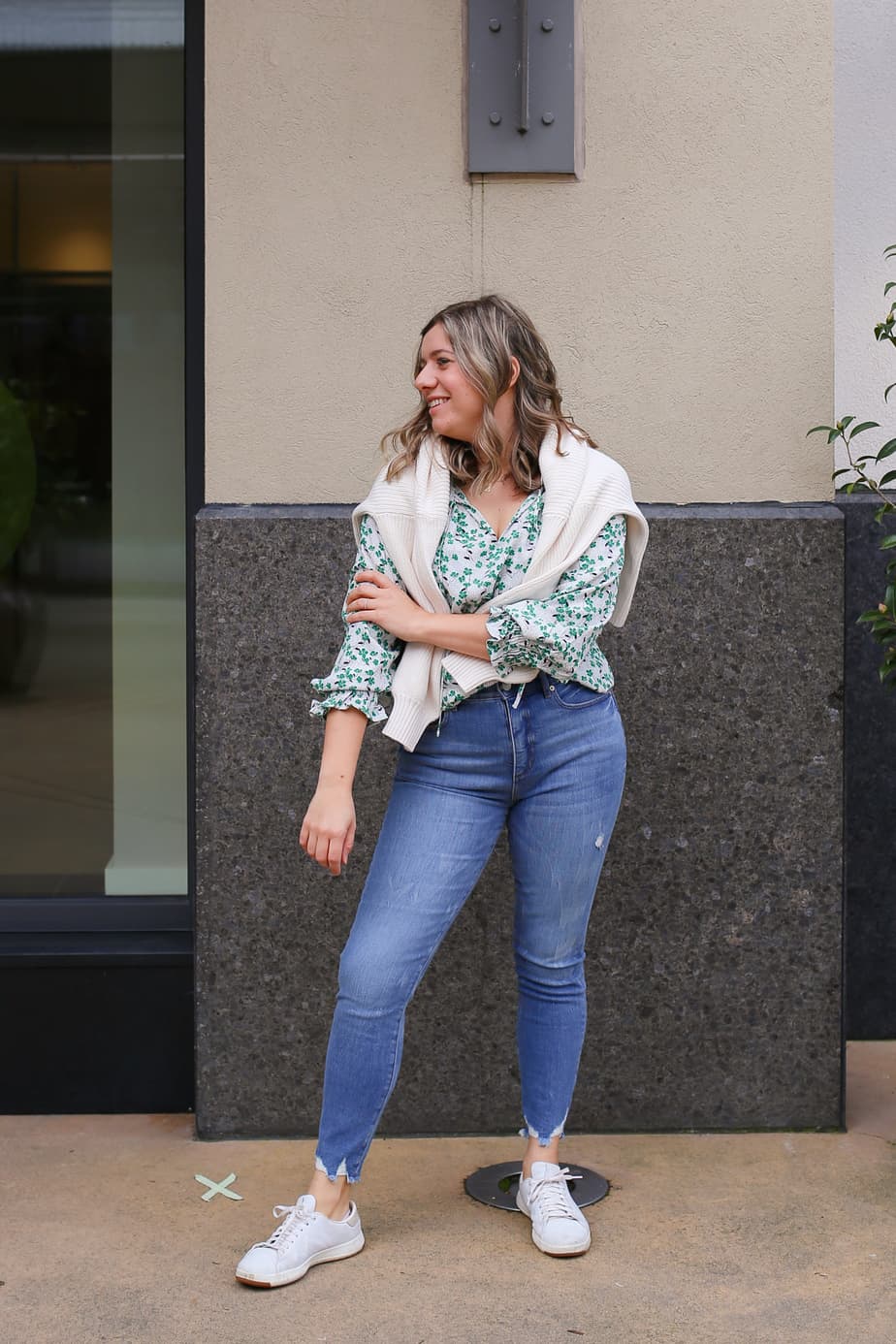 Green floral print blouse with draped sweater and blue jeans Green floral print blouse with draped sweater and blue jeans — St Patricks Day Outfits 2027