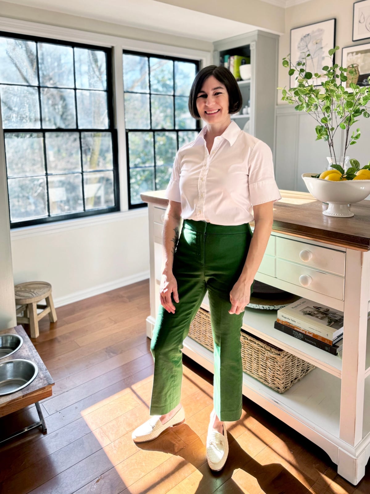 Green knit cardigan with black top and straight-leg pants Green knit cardigan with black top and straight-leg pants — St Patricks Day Outfits 2027