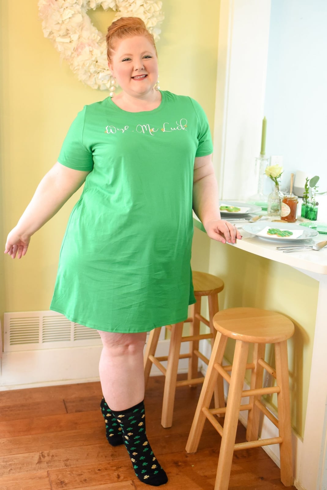 Green t-shirt dress with shamrock socks Green t-shirt dress with shamrock socks — St Patricks Day Outfits 2027