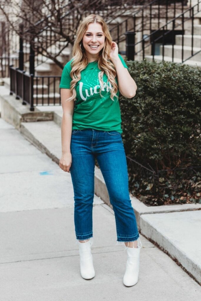 Green 'lucky' t-shirt with blue straight-leg jeans Green 'lucky' t-shirt with blue straight-leg jeans — St Patricks Day Outfits 2027