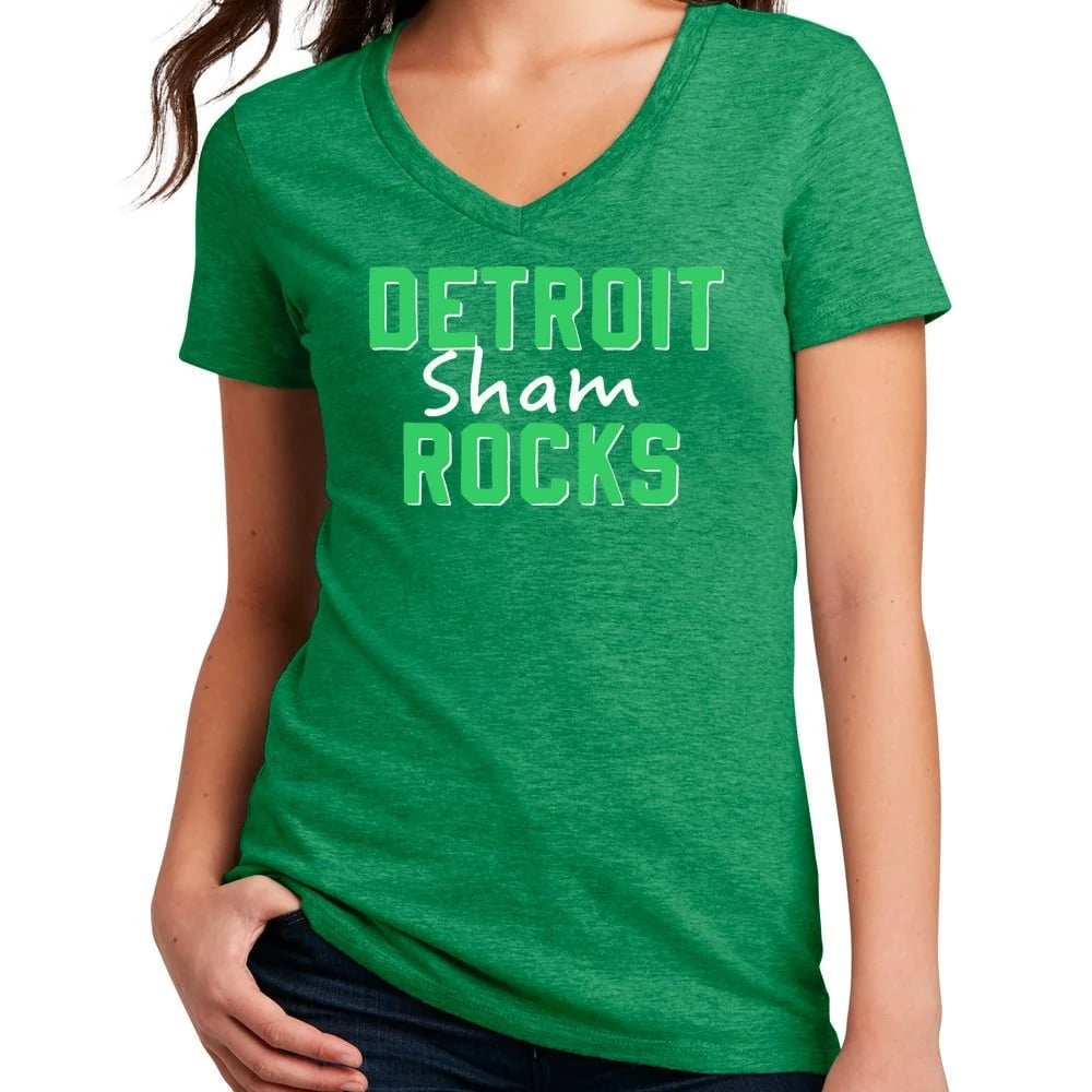 Green 'DETROIT Sham ROCKS' v-neck t-shirt with blue jeans Green 'DETROIT Sham ROCKS' v-neck t-shirt with blue jeans — St Patricks Day Outfits 2027