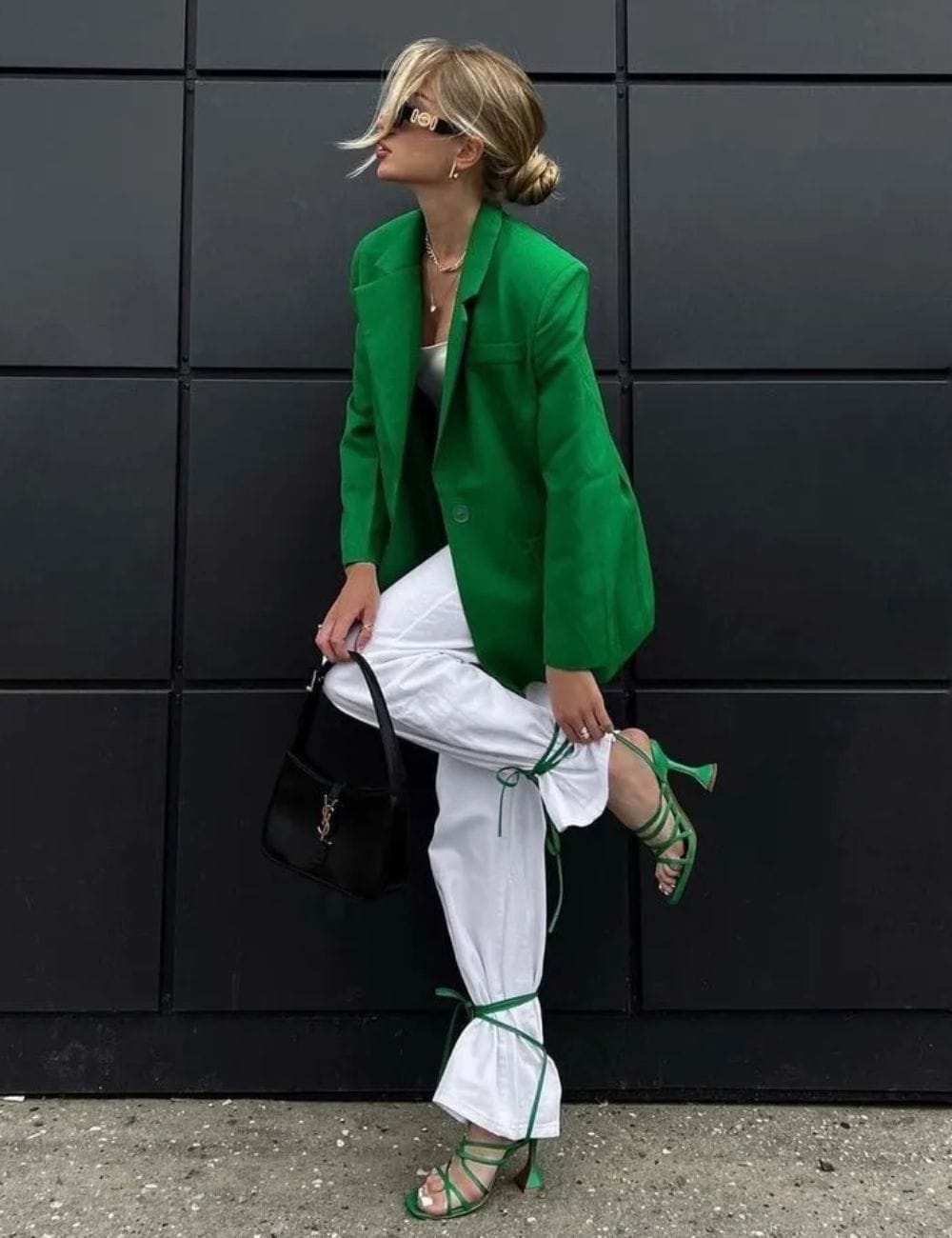 Bright green blazer with white trousers and heeled sandals Bright green blazer with white trousers and heeled sandals — St Patricks Day Outfits 2027