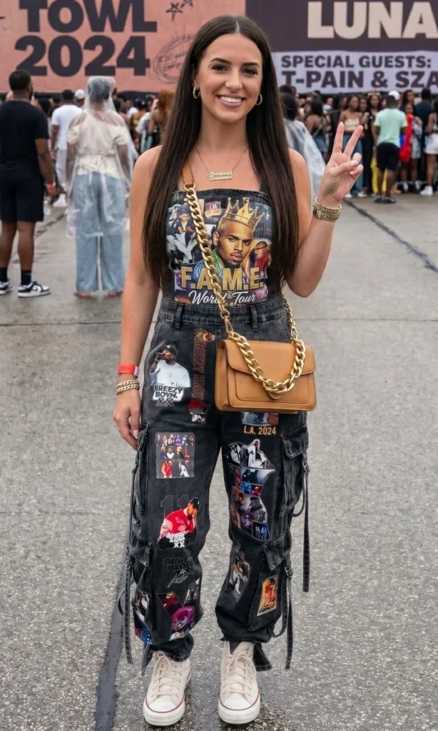 Graphic Tube Top and Patch-Covered Cargo Pants Graphic Tube Top and Patch-Covered Cargo Pants — Stadium Concert Outfits 2027