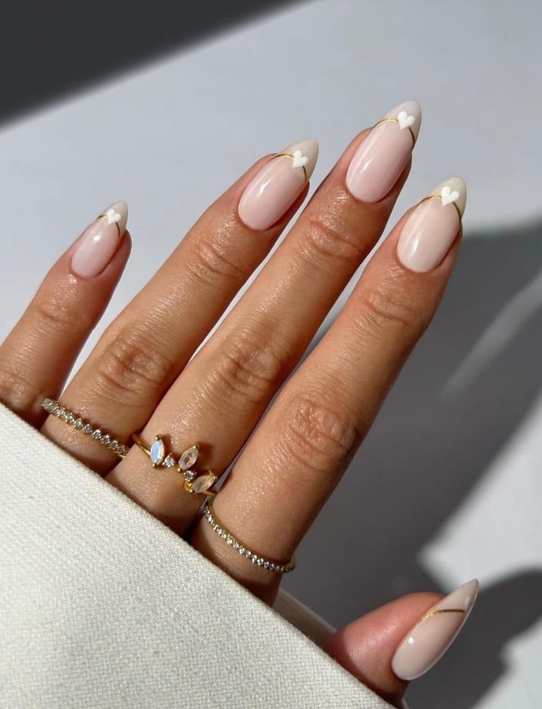 Pale Pink Almond Wedding Nails With Gold Lines Pale Pink Almond Wedding Nails With Gold Lines — Summer Wedding Nails 2027