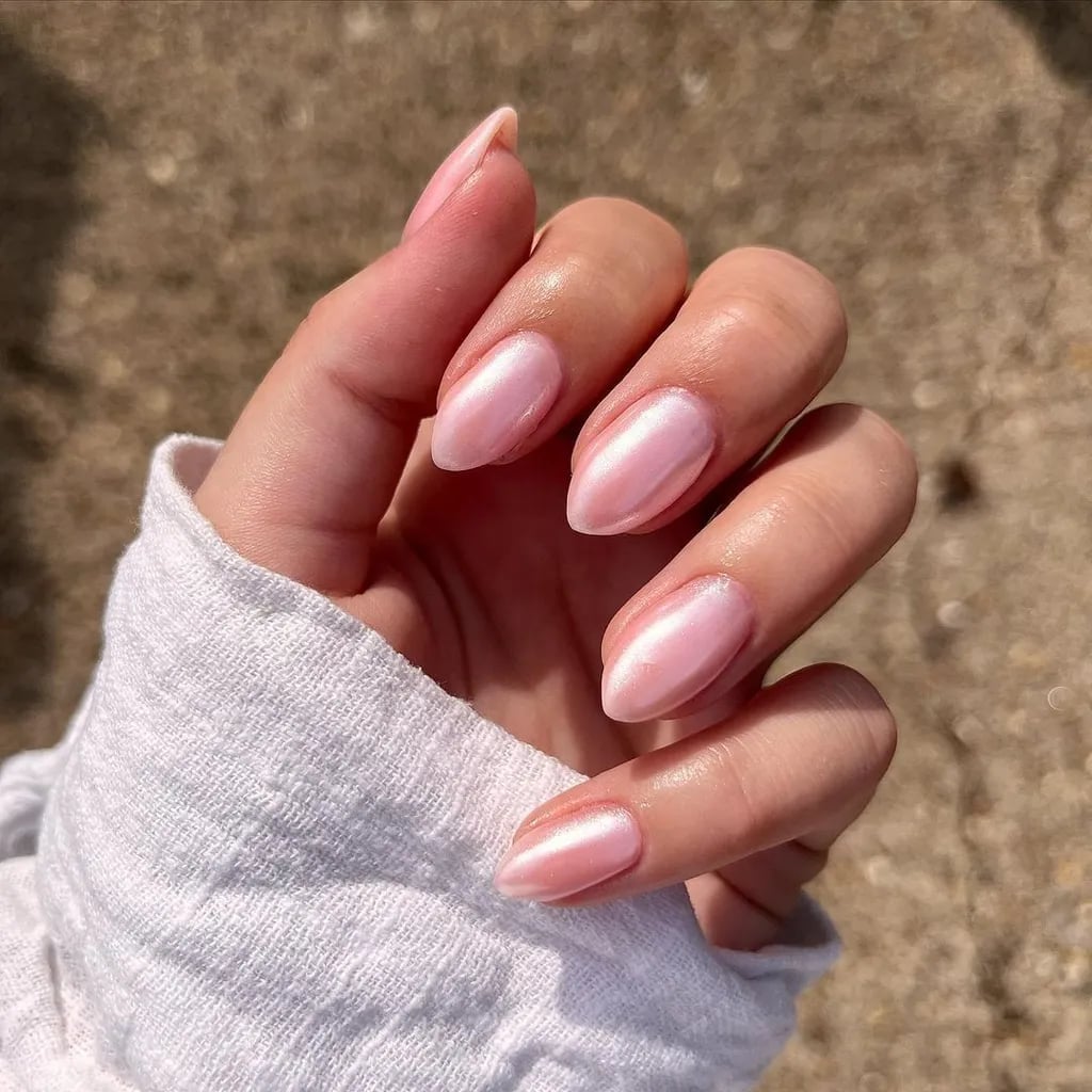 Pale Pink Pearlescent Almond Wedding Nails Pale Pink Pearlescent Almond Wedding Nails — Summer Wedding Nails 2027