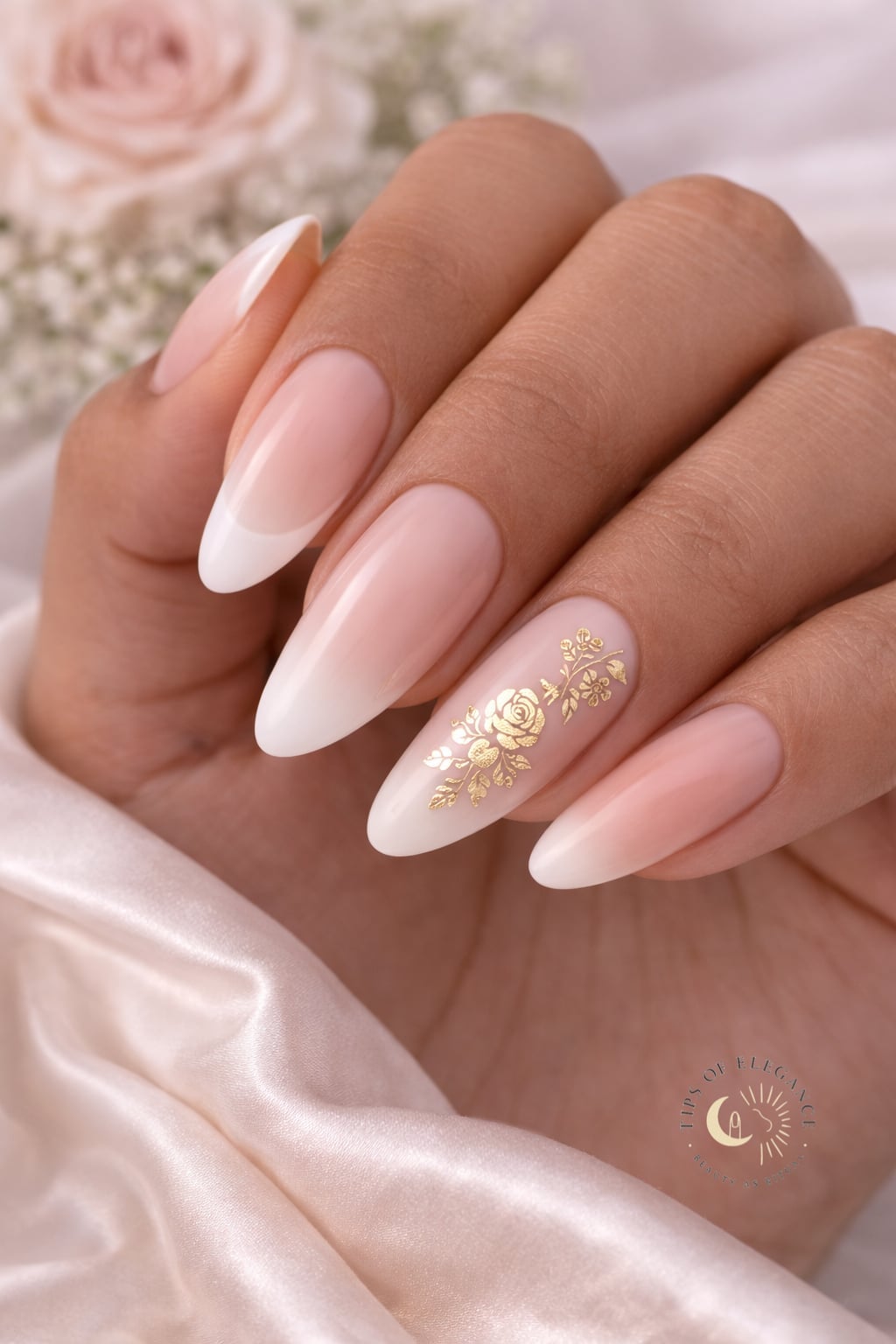 Long Almond French Manicure With Gold Foil Long Almond French Manicure With Gold Foil — Summer Wedding Nails 2027
