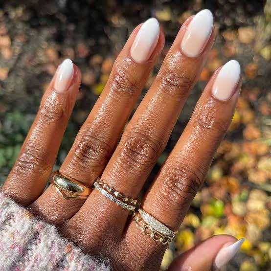 Glossy Nude To White Ombre Oval Nails Glossy Nude To White Ombre Oval Nails — Summer Wedding Nails 2027