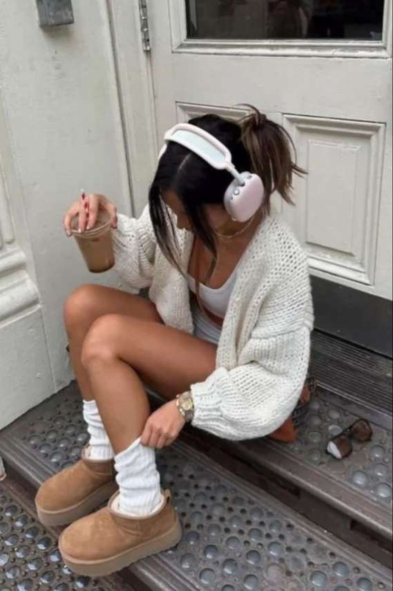 Cream cardigan and brown suede slippers for lounging Cream cardigan and brown suede slippers for lounging — Tasman Uggs Outfits 2027