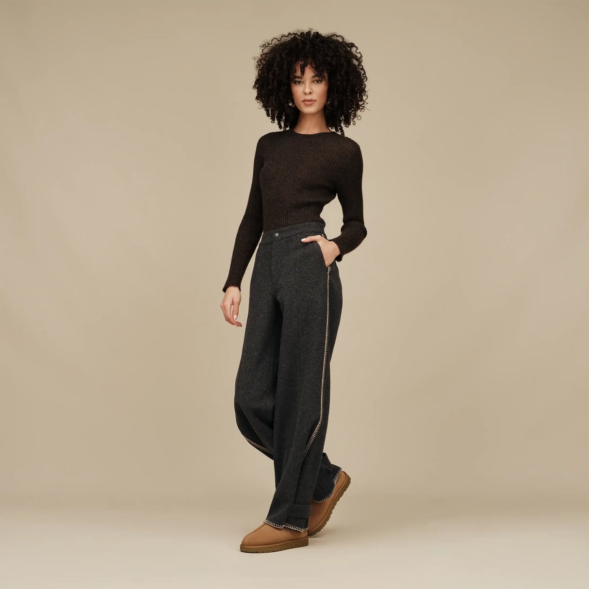 Wide-leg trousers and tan Ugg Tasman slippers, Close-Up Take Wide-leg trousers and tan Ugg Tasman slippers, Close-Up Take — Tasman Uggs Outfits 2027