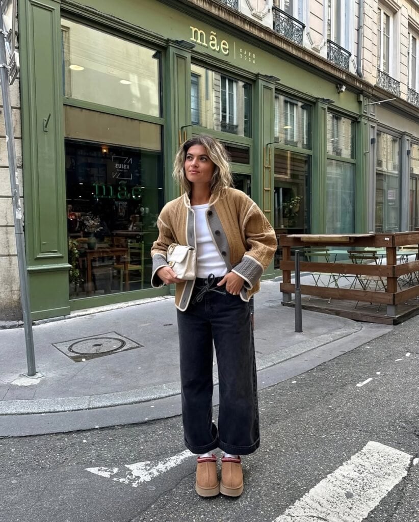 Patterned jacket with tan Ugg boots and wide-leg jeans Patterned jacket with tan Ugg boots and wide-leg jeans — Tasman Uggs Outfits 2027