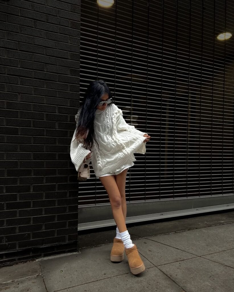 White cable knit sweater and tan Tasman Uggs White cable knit sweater and tan Tasman Uggs — Tasman Uggs Outfits 2027