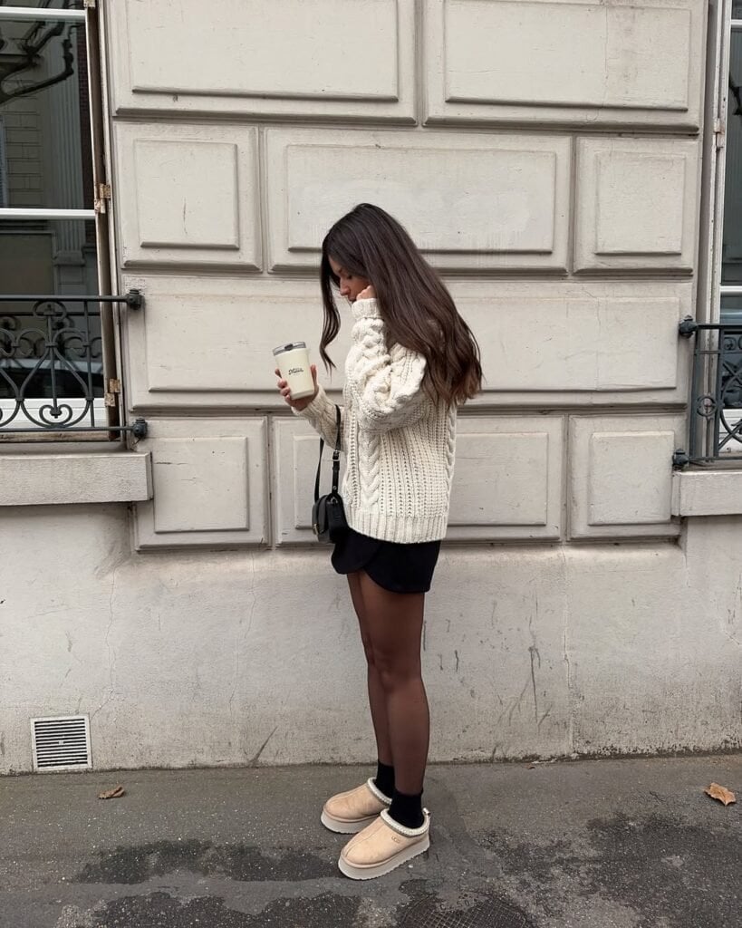 Cream sweater and light beige Tasman Uggs with mini skirt Cream sweater and light beige Tasman Uggs with mini skirt — Tasman Uggs Outfits 2027