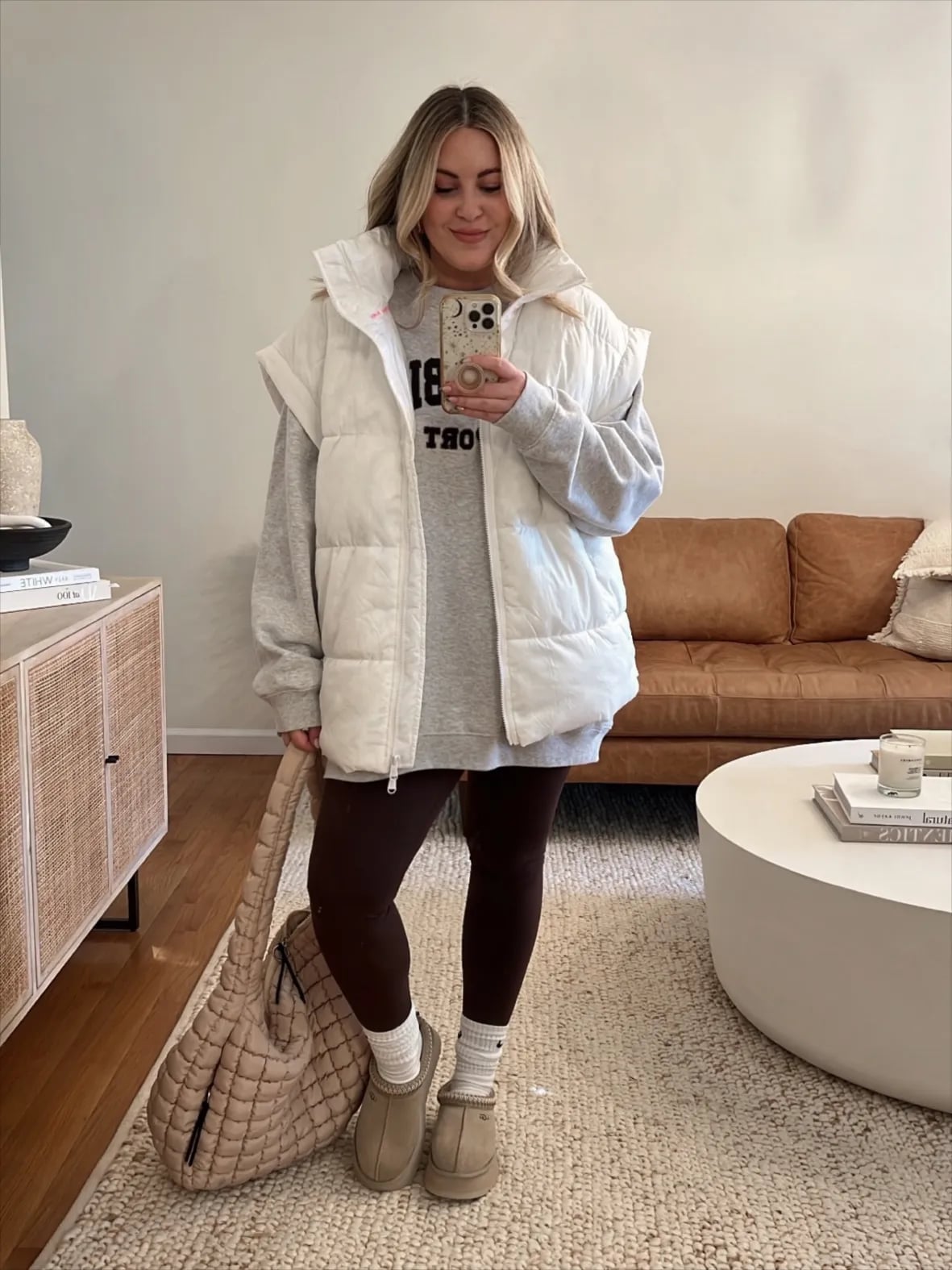 White puffer vest and tan Tasman Uggs White puffer vest and tan Tasman Uggs — Tasman Uggs Outfits 2027