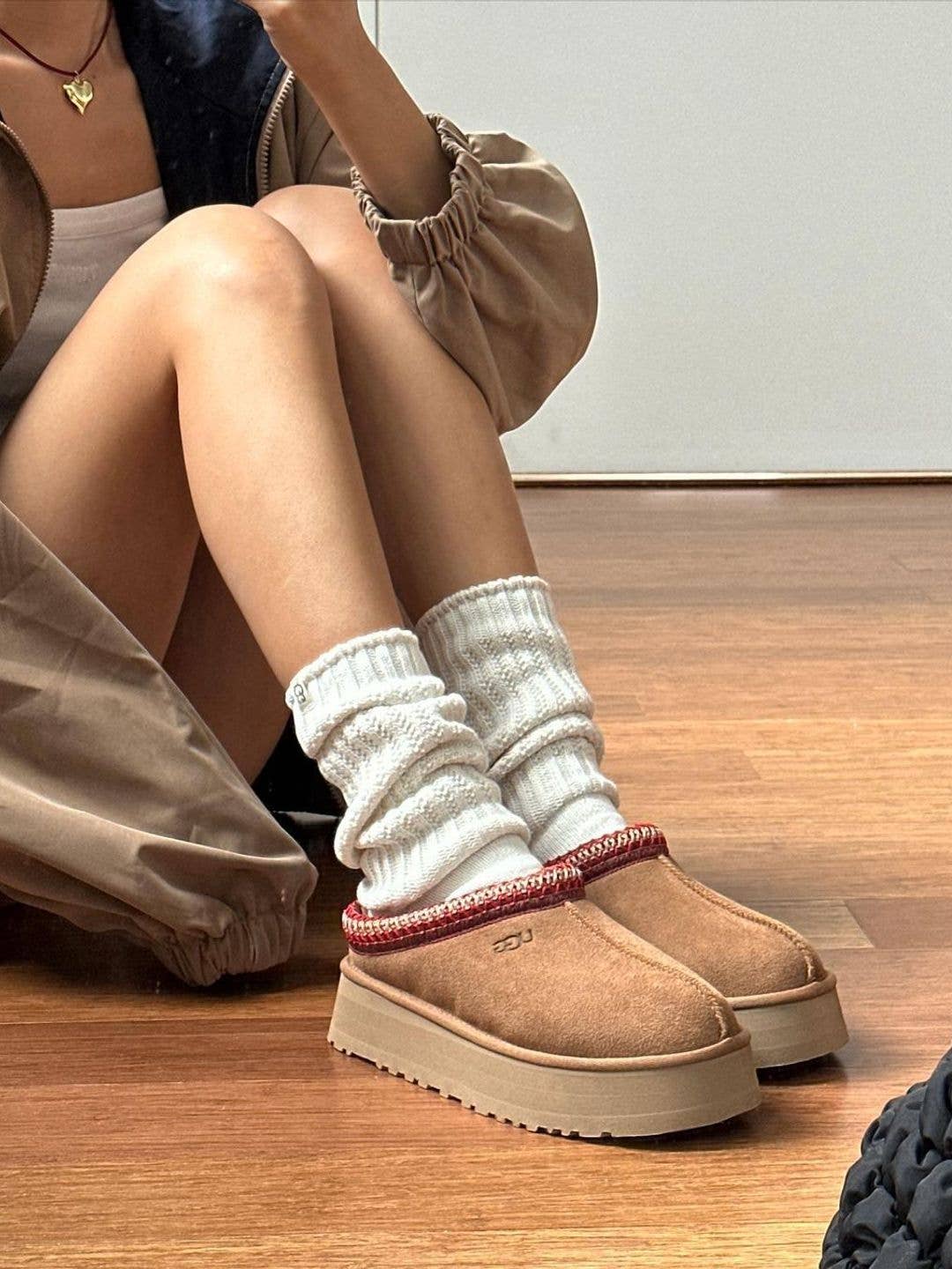 Tan slippers with patterned trim for indoor comfort Tan slippers with patterned trim for indoor comfort — Tasman Uggs Outfits 2027