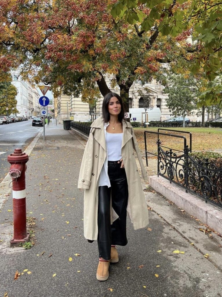Beige trench coat and tan Ugg boots for autumn Beige trench coat and tan Ugg boots for autumn — Tasman Uggs Outfits 2027